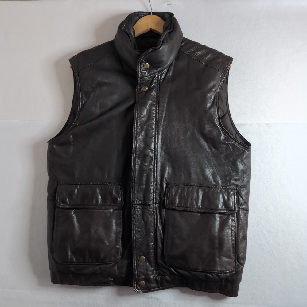Vtg Eddie Bauer Mens Brown Leather Goose Down Puffer Vest Medium Quilted Premium